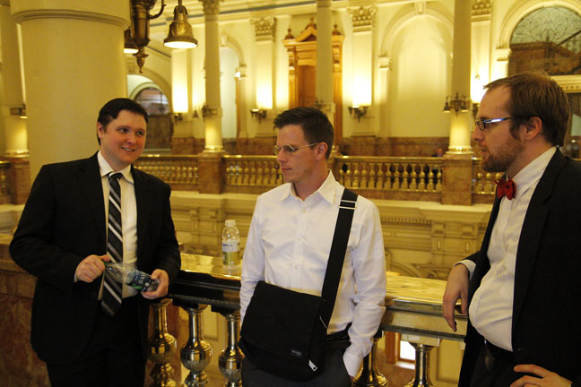 Members of the Colorado Log Cabin Republicans Troy Ard, left, Michael Carr and Alexander Hornaday wait outside a committee room May 3, 2012, during a discussion of the Colorado Civil Union Act. Photo by Sean Mullins