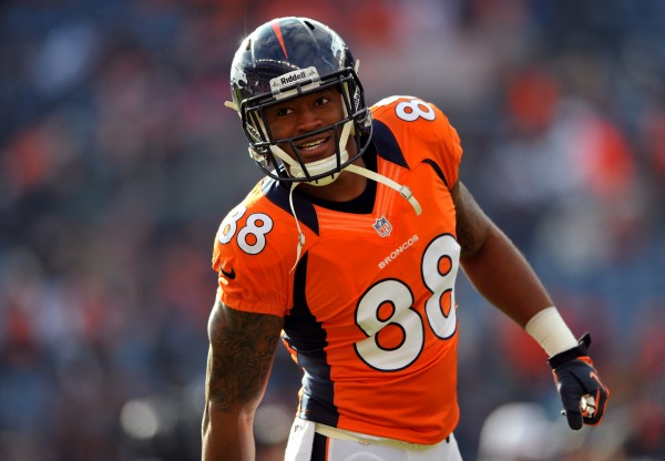 DENVER, CO - JANUARY 12: Demaryius Thomas #88 of the Denver Broncos looks on against the Baltimore Ravens during the AFC Divisional Playoff Game at Sports Authority Field at Mile High on January 12, 2013 in Denver, Colorado. (Photo by Dustin Bradford/Getty Images)