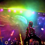 close up of Rebelution's saxophone player