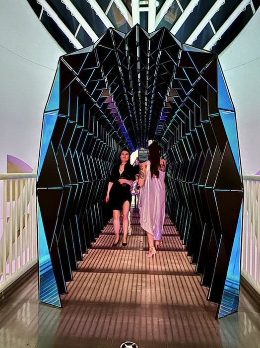the author walks through an interactive tunnel art piece, made to look like digitized crystals