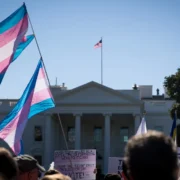 Transgender flags during a transgender rights protest outside of the White House in Washington on October 22, 2018.