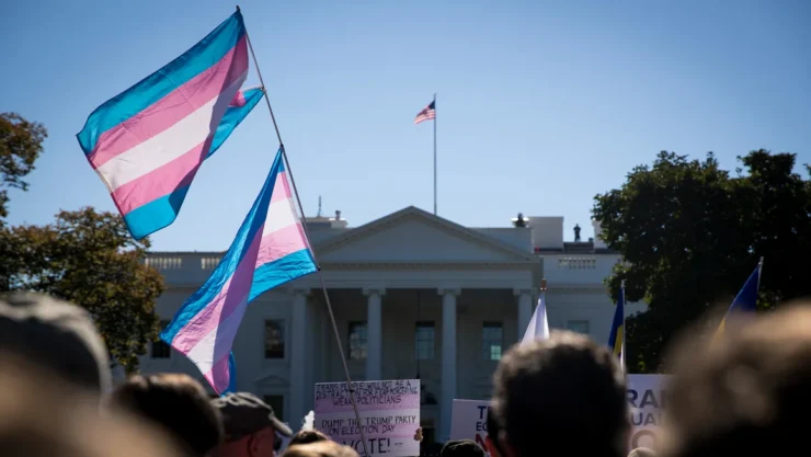 Transgender flags during a transgender rights protest outside of the White House in Washington on October 22, 2018.