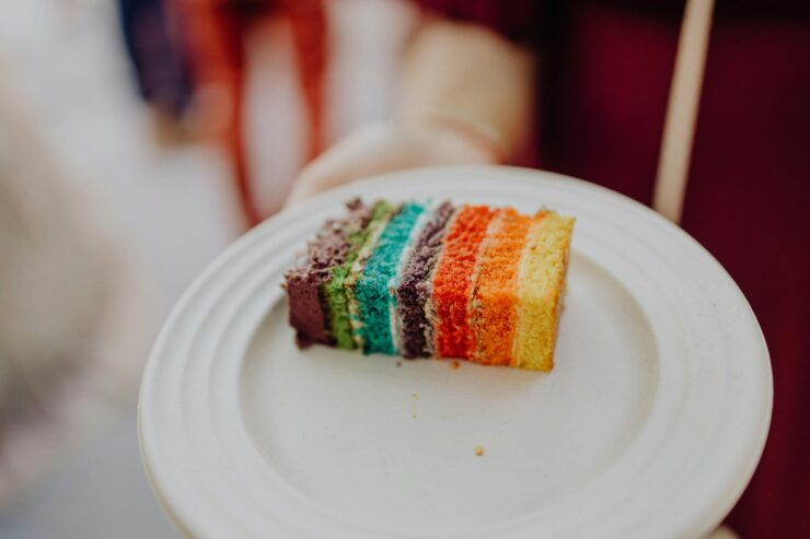 A lesbian couple's rainbow wedding cake